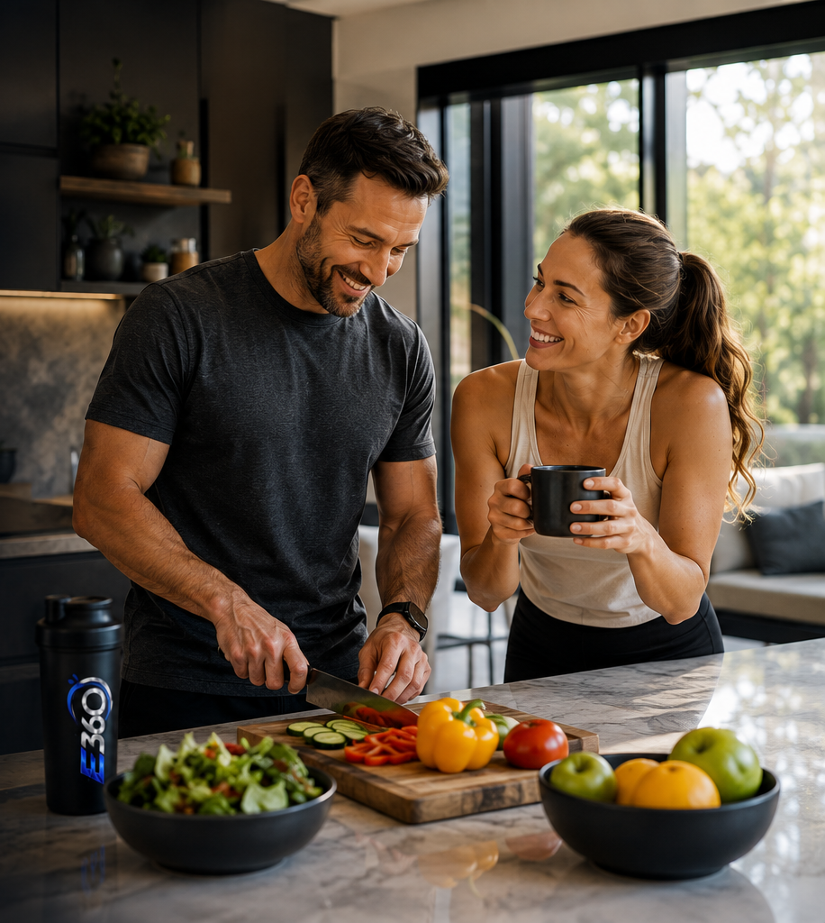 A couple preparing fresh, healthy food together in a modern kitchen